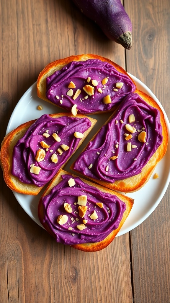 Ubi Ungu Toast Recipe Ubi ungu toast with purple sweet potato spread, topped with nuts and honey on toasted bread.
